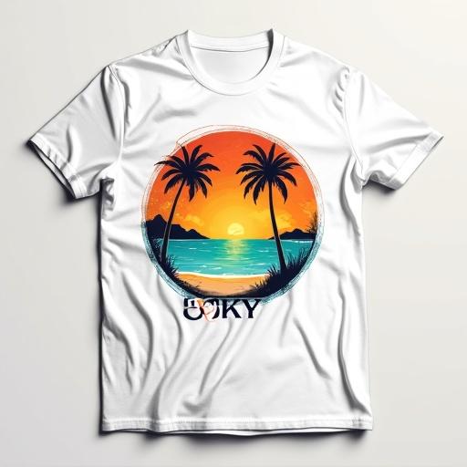 White t-shirt laid flat featuring a vibrant circular design with a tropical beach scene at sunset. Silhouetted palm trees frame a calm turquoise ocean reflecting warm hues of the setting sun and the orange and yellow sky. Distant dark landmasses visible on the horizon. Words 'SKY' and 'BEACH' in a stylized font. Aesthetic blends hand-drawn and digital illustration.