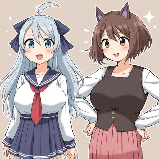 Anime style artwork featuring two young women. One with long light blue hair and a school outfit, the other with short brown hair and casual attire. Both have playful expressions.