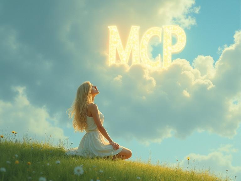 Digital art of a beautiful blonde woman kneeling on a grassy hill. Bright overcast sky, looking upwards. Arms outstretched towards swirling cloud. Glowing letters 'MCP' in the cloud. Ethereal and optimistic mood. Soft lighting emphasizes beauty.