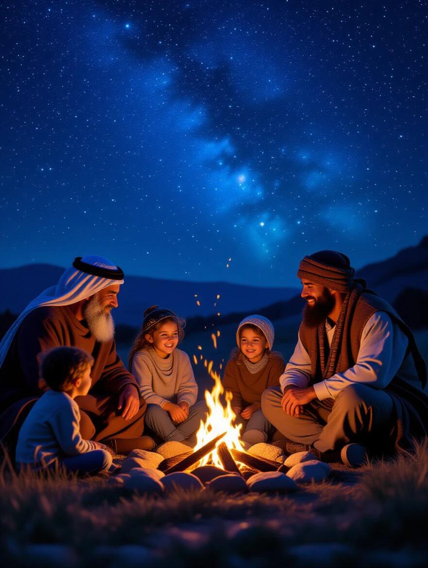 Image depicts different generations of a family passing down stories around a campfire. Scene set under a star-studded sky with the Milky Way visible. Focus on the warmth of the fire and the connection between family members.