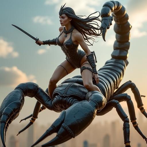 Resin figure of a goddess on a giant scorpion. She has scorpion-inspired armor. The armor is sleek and segmented. The goddess holds two daggers. The scorpion has long legs and an upward tail. The scene shows her in a battle stance. The style is semi-realistic with a cosmic aesthetic.