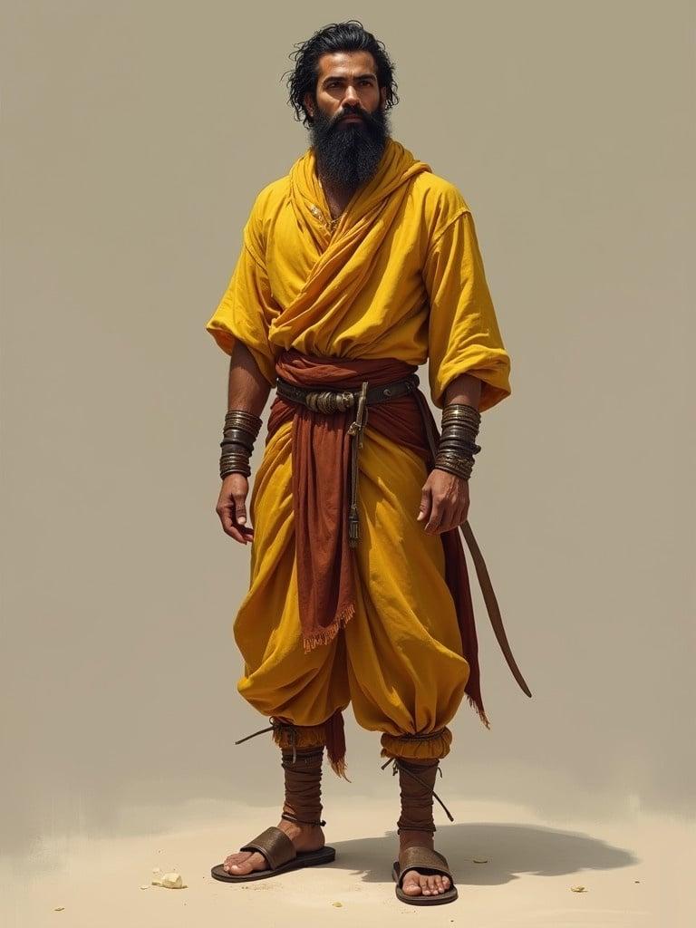 Indian warrior uniform. Thin fit man of normal height. Samuraistyle shirt with dhoti. Costume is yellow and brown. Wears warrior footwear.