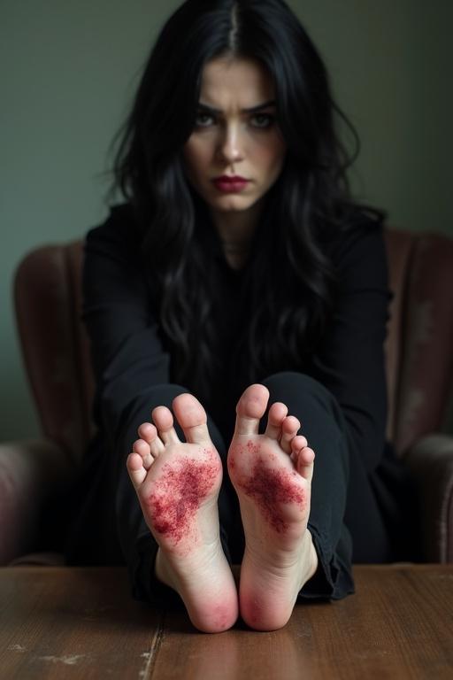 Mature goth woman with long black hair shows wounds on her bare feet. She sits on a chair with her feet on the table. The expression is worried. The setting has a dark and moody ambiance.