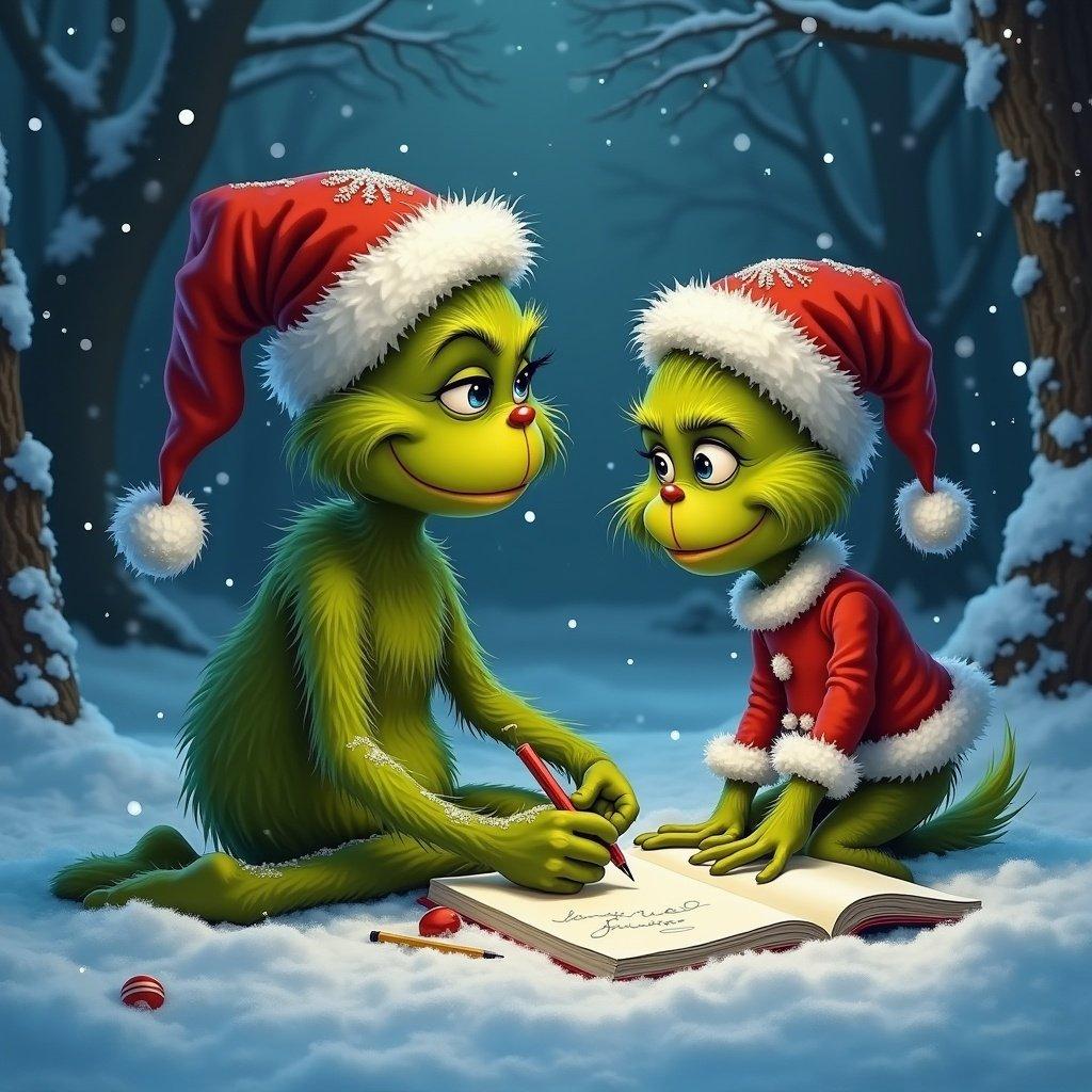 The Grinch and Max sit on the snowy ground. They write 'Jolanie' in the snow while wearing Santa hats. Snow gently falls in the background.