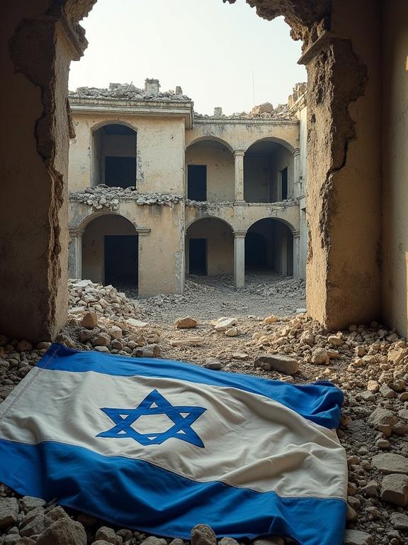View from inside a destroyed house. Israeli flag lies on the ground. House shows signs of war damage. Walls are cracked and roof is collapsing.