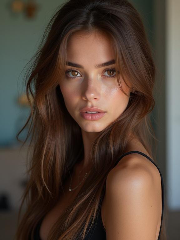 Portrait of a beautiful female gamer influencer with brown hair and brown eyes. She is 28 years old. Soft lighting highlights her facial features. Captured in a full body selfie.