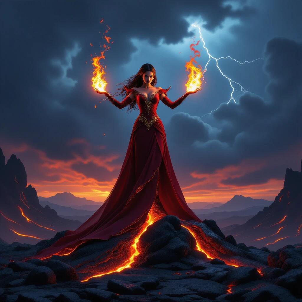 Dramatic otherworldly landscape with powerful figure atop molten rock. She has flames in both hands. Crimson gown flowing like lava. Dark swirling clouds and lightning above. Scene has glowing lava and deep grays. Captivating figure embodies fire and power.