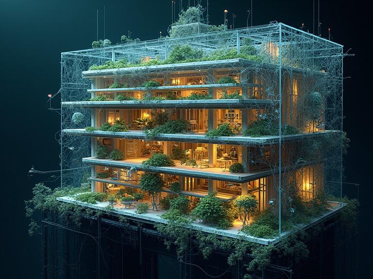 Dramatic cutaway view reveals a futuristic building's interior structure. Organic sensors and glowing neural nodes are prevalent. Data streams mimic bacterial networks. Mycelium-inspired patterns connect elements. A blend of anatomical design and lighting creates a unique aesthetic.
