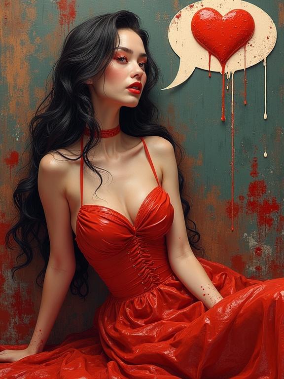 Gorgeous woman in a red dress sitting against a textured background. Speech bubble with emojis. Emphasis on texture and color.