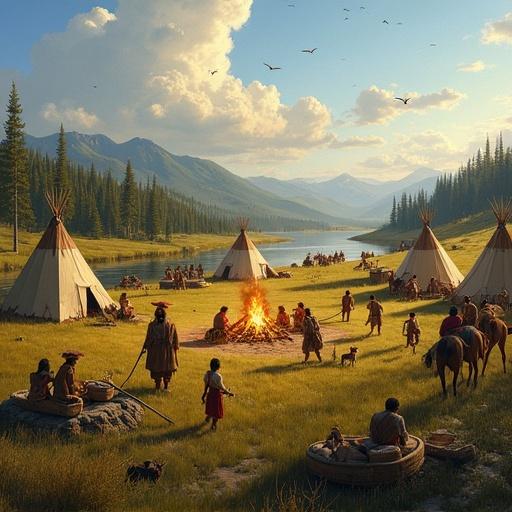 Ultra-realistic oil painting of Native American life in 1500 AD. Vibrant scene in open landscape. Village with tipis in a circle. Campfire in center with smoke. River nearby reflecting sunlight. Rolling hills and forests in distance. Men crafting bows, women grinding maize, children playing. Dogs and horses present. Golden-hour sunlight creating warm tones. Hyper-realistic style.