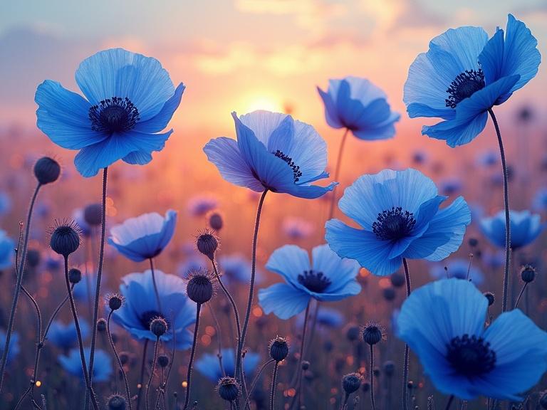 Scene of blooming blue poppies during sunset. The background has vibrant gradients of blue, fuchsia, orange, lilac, and gold. Visual concept combines elegance and intrigue.