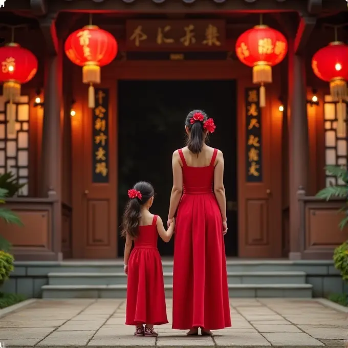 A woman and a child in matching red dresses hold hands in front of a traditional building with red lanterns.