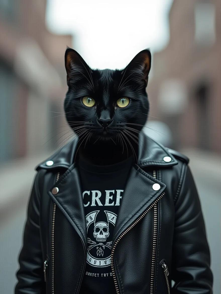 Cinematic film still featuring a black cat dressed in a leather jacket and band t-shirt. The cat has striking green eyes. Shallow depth of field prevails. The scene is characterized by a moody and epic ambiance. Focused on details and film grain gives a highly textured look.