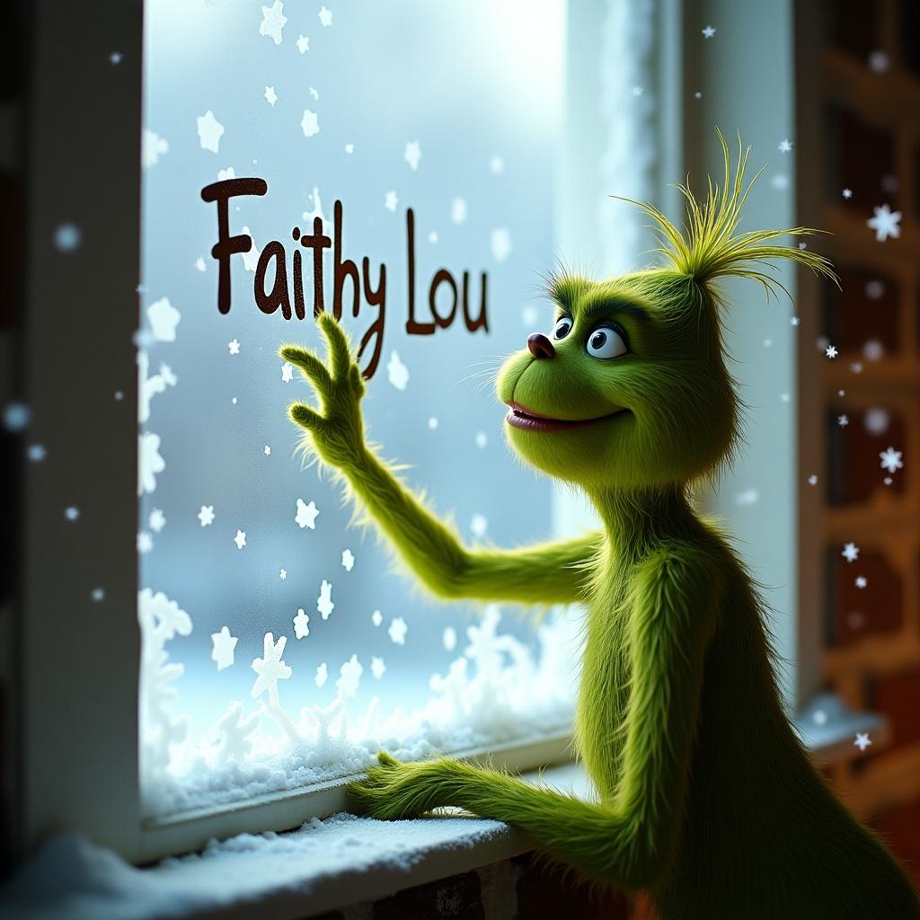 A green character writes the name Faithy Lou on a snowy window.