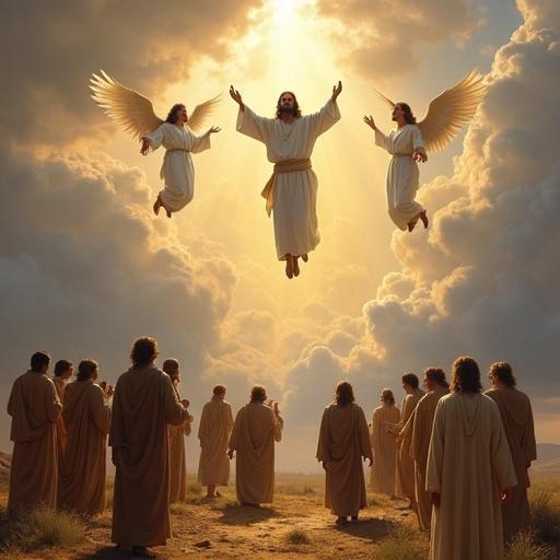 Biblical scene depicting Jesus ascending into clouds with disciples gazing upward. Two angels in white robes point to the sky. Includes a Middle Eastern landscape. Features soft glowing light in a classical oil painting style with vibrant colors.