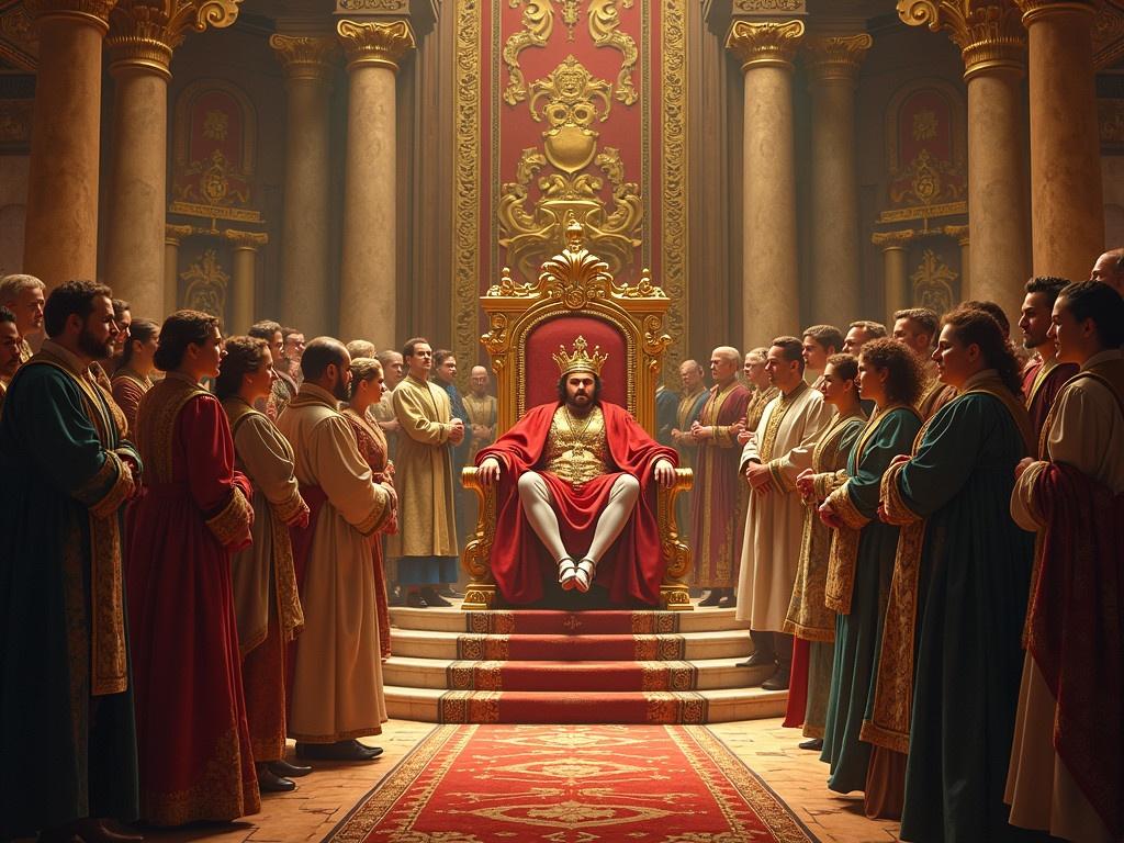 The scene depicts a lavish throne room filled with many characters dressed in historical garments. In the center, there is a grand throne adorned with intricate designs, and a king is seated upon it, wearing regal attire that highlights his status. The atmosphere is rich with lavish architectural details such as tall columns and ornate decorations. Surrounding the throne on either side are courtiers and attendants, presenting a sense of formality and respect within the setting. The overall color palette is warm, invoking a vibrant and lively mood.