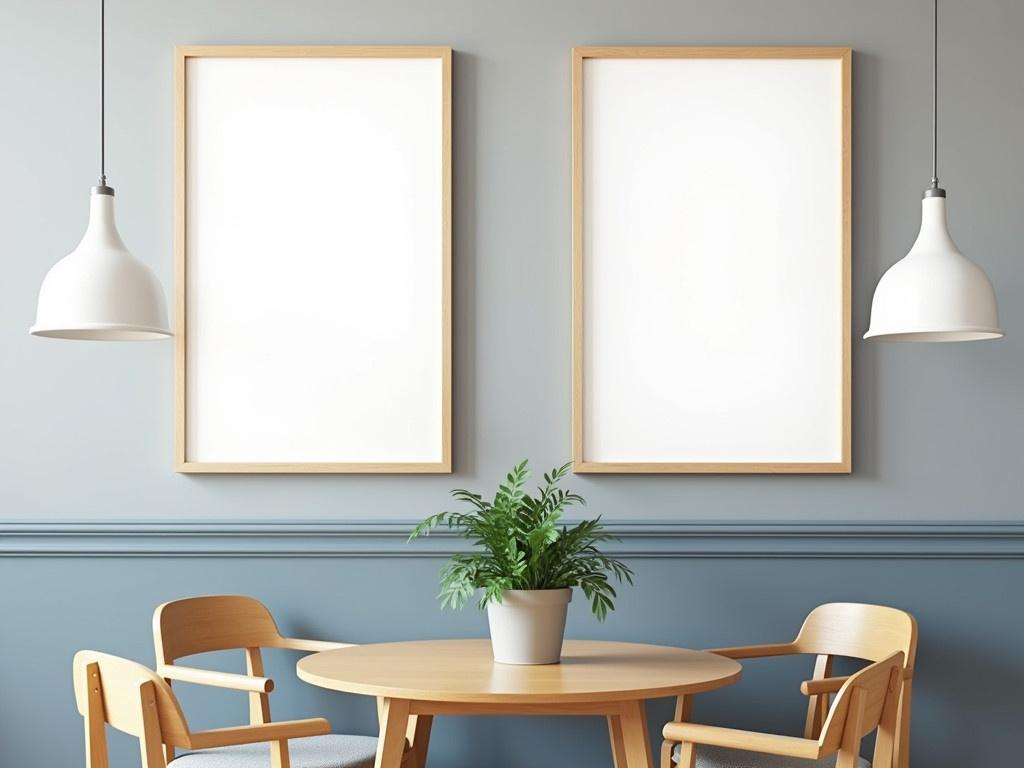 A chic and modern dining area featuring two round wooden tables. Each table is surrounded by light-colored wooden chairs, designed for comfort. The walls are painted a soft gray with a subtle blue accent running halfway up. Above the tables, there are two large mock-up poster frames, currently blank for easy customization. A cozy green plant sits on the center table, adding a touch of nature to the setting. Stylish, white pendant lights hang overhead, enhancing the serene atmosphere.