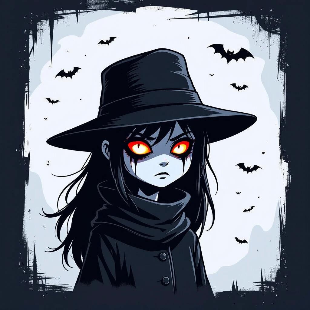 Creepy horror cartoon character wearing a large black hat. The character has glowing orange eyes and a haunting expression. Background features bats and a dark atmosphere. The artwork has a graphic novel style with thick black outlines and digital brush texture.