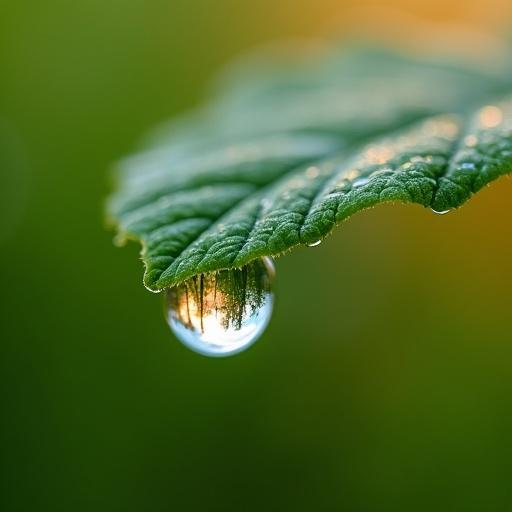 Extreme close-up shot of a raindrop on the edge of a green leaf. The raindrop reflects a serene landscape. Soft bokeh in the background enhances the image. Natural lighting creates a balanced effect. Leaf veins are sharply detailed.