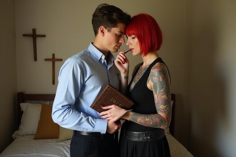 Dramatic split-panel portrait photograph showcasing a Bible college dorm room transformation. Left panel features Matthew Carter with Timothy Whitmore. Right panel highlights Tiffany 'Red Riot' Whitmore beside Matthew. Both panels focus on their emotional connection and attire. Soft chiaroscuro lighting illuminates the scene.