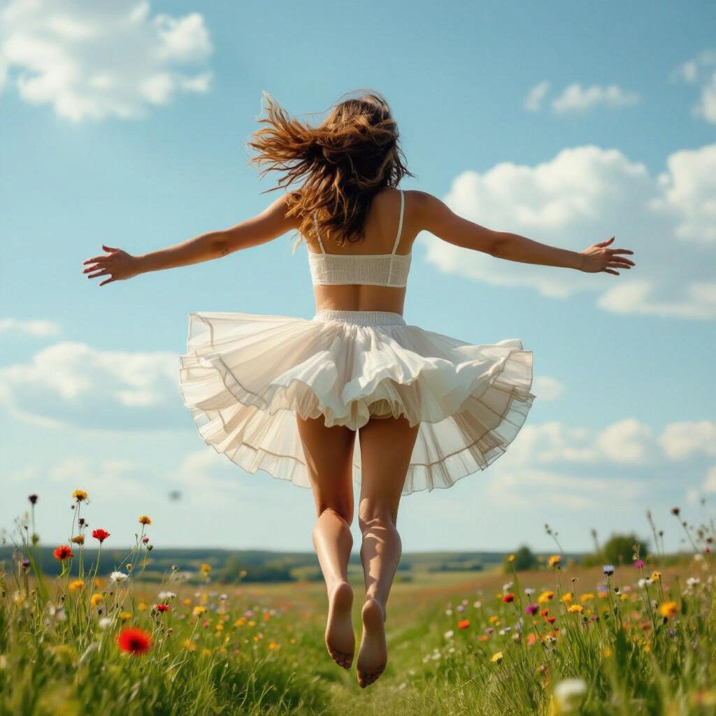 A young woman is jumping high in the sky viewed from behind. She wears a translucent frilly miniskirt that billows in the wind. Her arms and legs are outstretched, showing her joy. Below her is a luscious grassy field adorned with colorful flowers under a bright sky.