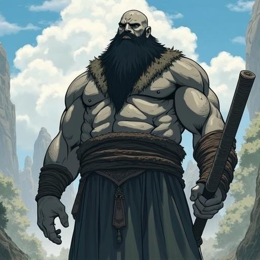A towering Goliath barbarian monk with grey skin and a black beard. The character is muscular and bald wearing a belt. The art style is inspired by Studio Ghibli. The background features majestic mountains and a clear sky.