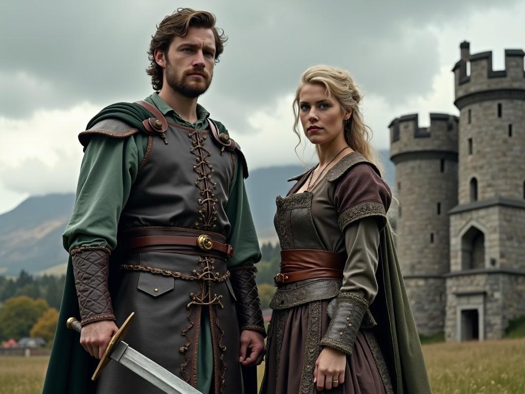 Two individuals stand outside a majestic stone castle, embodying early modern attire. A man, clad in a rich green cloak and leather armor, holds a large zweihander sword confidently. Beside him, a woman in a beautifully detailed dress with a leather belt gazes fiercely into the distance. The sky overhead is overcast, lending a dramatic tone to the scene. The stone castle, with its ancient towers, creates a perfect backdrop for this epic moment. The characters exude strength and charisma, inviting thoughts of adventure and nobility.