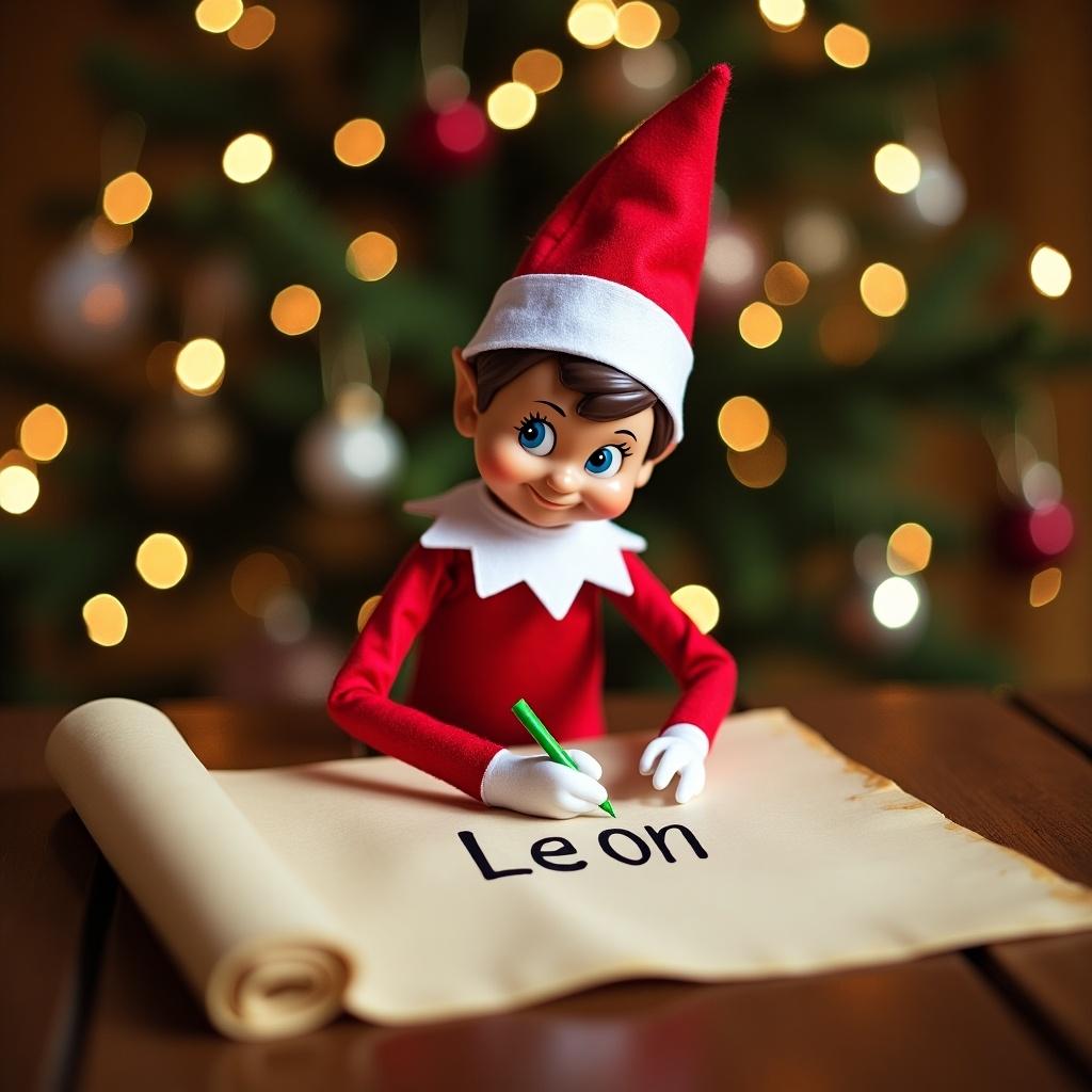 Elf on the Shelf character in red and white attire writing the name Leon on a scroll with Christmas decorations in the background. Soft warm lighting enhances the festive feeling.