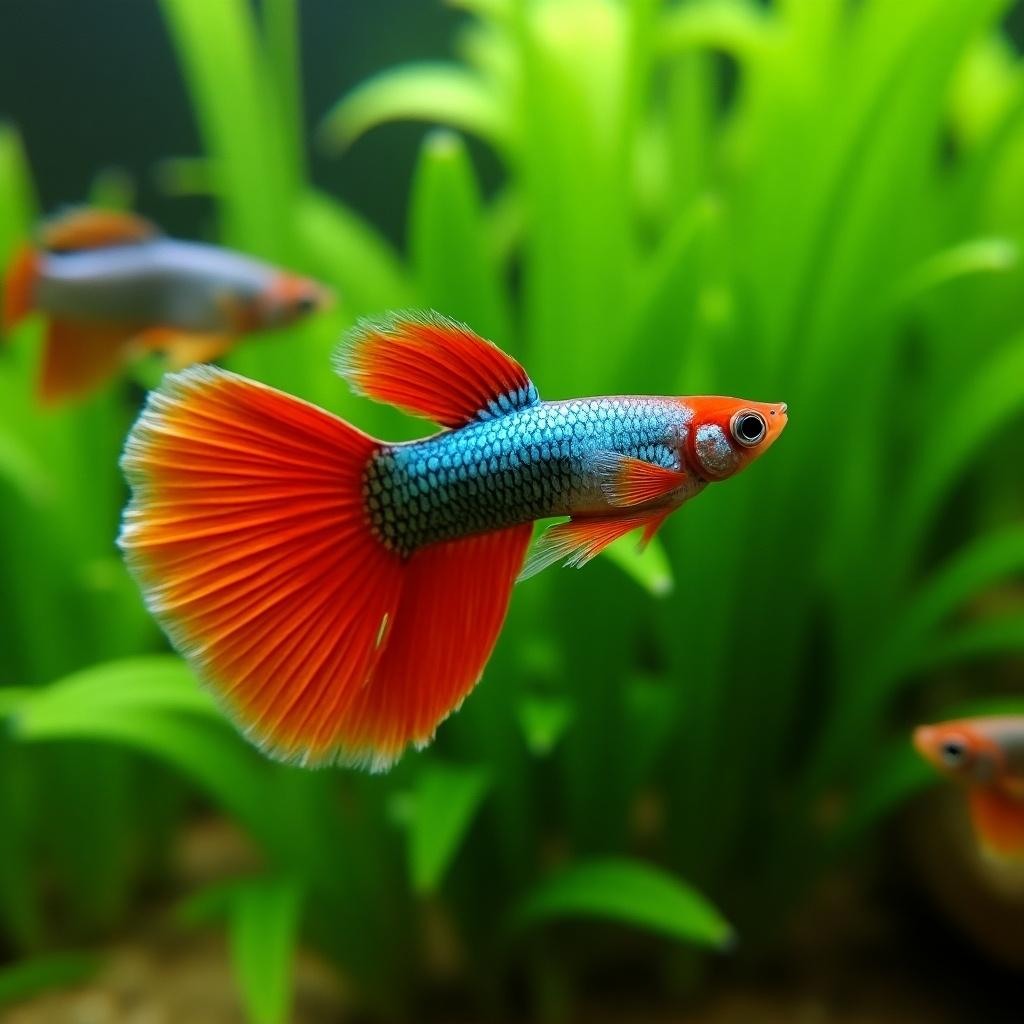 Colorful guppy fish swimming in freshwater aquarium. Guppy has bright red blue orange colors delicate fins and sleek body. Surrounded by green plants and clear water. Guppy darts around in peaceful environment with small fish.