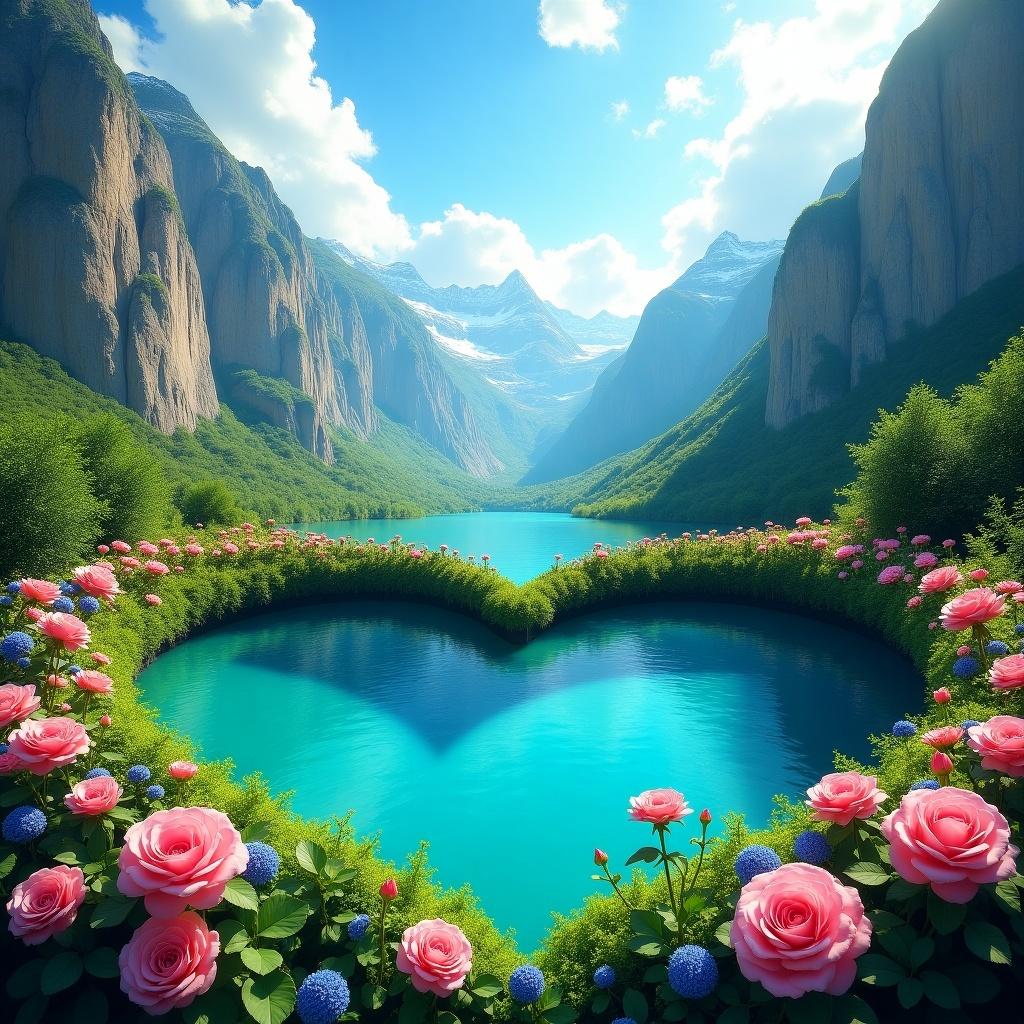 A fantastical landscape featuring a heart-shaped lake surrounded by lush vegetation and mountains. The lake is vibrant turquoise, calm and clear with a mirror-like surface. Encircled by dense greenery and pink roses among purple flowers, creating a natural floral outline. Rugged, jagged mountains rise in the background, partly covered with snow and patches of greenery. Bright blue sky with fluffy clouds above, casting soft sunlight over the scene, highlighting vivid colors.