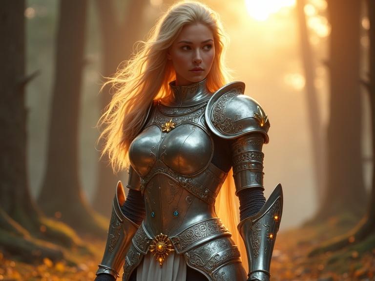 A stunning blonde female paladin stands in a misty forest near an ancient temple at sunset. She wears intricately detailed silver armor with glowing golden runes. Her breastplate is form-fitting with a high collar adorned with swirling filigree. Shoulder pauldrons are crescent moon shaped with engraved holy symbols. Gauntlets have reinforced knuckles and rune-inlaid wrist guards. A belt has a golden clasp shaped like a radiant sun. Thigh plates have subtle engravings of doves and glowing blue gemstones at the joints. The lighting creates a cinematic atmosphere with soft particles and warm tones.