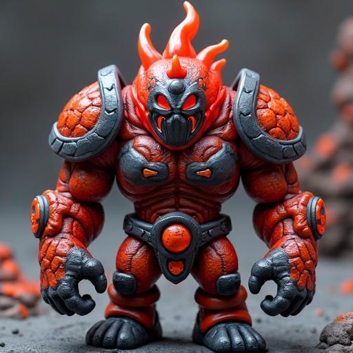 Design a fantasy cartoon-style monster toy named Lava Brute. Inspired by Italian collectible figures. He is 10 cm tall. Thick armor resembles cooled lava. The mask has glowing red eyes and magma patterns. Designed without realistic anatomy. Molded and toy-like appearance. Molten rock-like arms, backplate with lava textures. Cartoonish high-contrast PVC style, glossy paint, bold outlines. Colors: dark gray, fiery red, translucent magma.