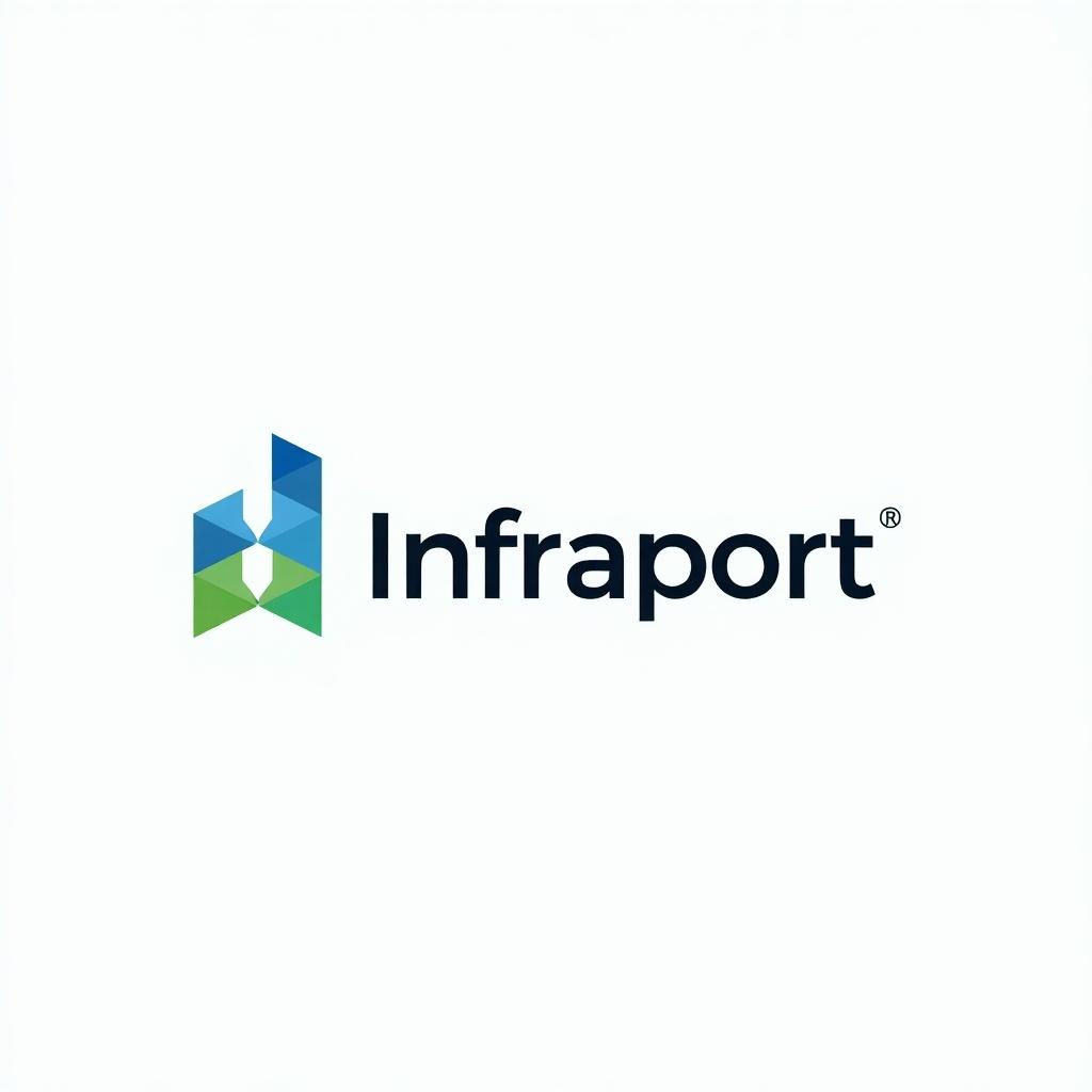 Modern logo design for Infraport integrating themes of infrastructure and reporting. Logo uses geometric shapes and a color palette of blue and green.