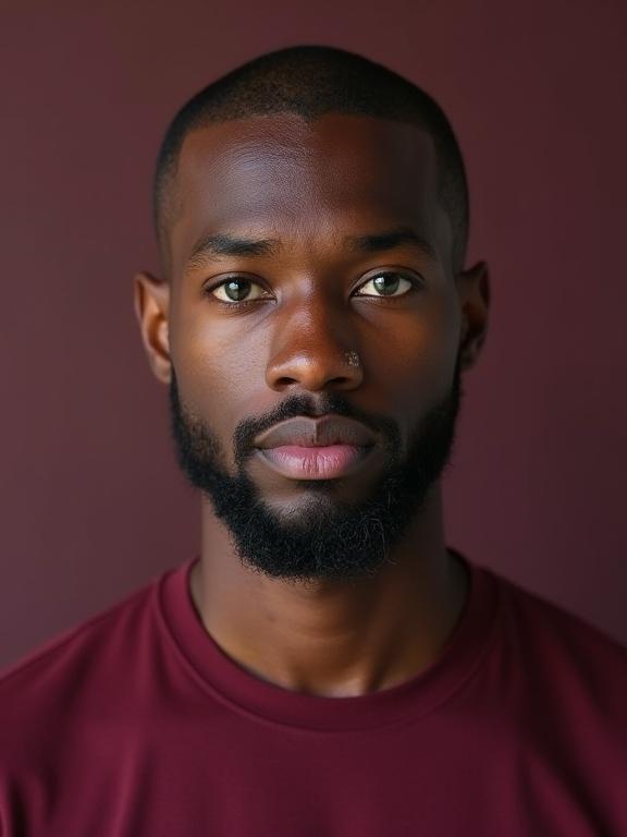 studio portrait photograph young man bright green eyes shaved beard closely shaved head deep burgundy colored t-shirt good complexion