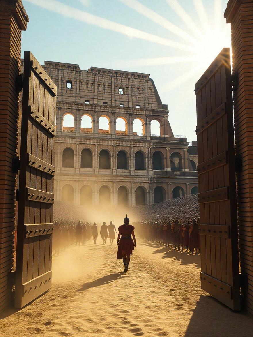 First-person perspective showing massive wooden gates opening to the Colosseum. Sunlight bright and intense. Crowd noise in the background. Blurry figures in togas and helmets. Dust swirls on the sandy ground. High contrast with deep shadows and bright light. Ground trembles with footsteps. Cinematic, detailed textures of wood and armor. Style reminiscent of Gladiator and Mad Max.