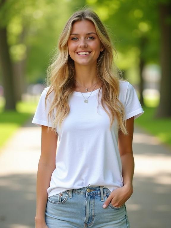 A woman with long wavy blonde hair stands in a sunny park. She wears a fitted white t-shirt and light denim shorts. She has minimal makeup and a silver necklace. She smiles while trees and a walking path appear in the background. The image shows her from the knees up.