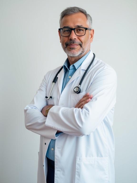 Doctor standing confidently in a white coat. Professional healthcare setting. Soft natural lighting. Background is light and simple. Neutral expression conveying trust. Stethoscope around neck.