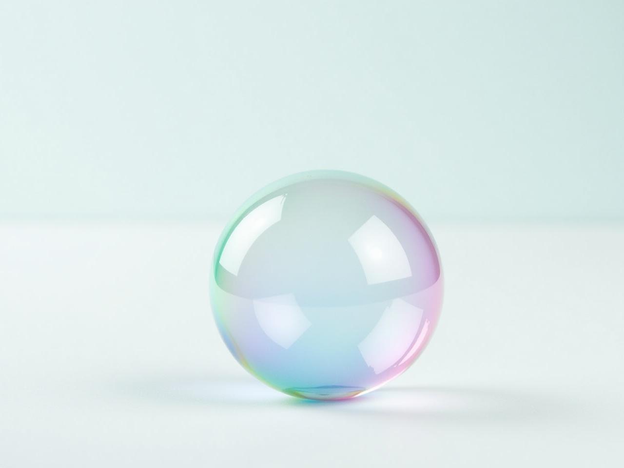 The image shows a round, iridescent bubble resting on a flat white surface. The bubble has a smooth, reflective surface that captures light, creating soft pastel colors like blue, pink, and green along its edges. Its transparency allows some visibility of the white background beneath it. The bubble appears delicate and whimsical, resembling something found in nature or during playtime. No other objects or elements are visible in the scene, keeping the focus solely on the bubble. The overall aesthetic is calm and serene.