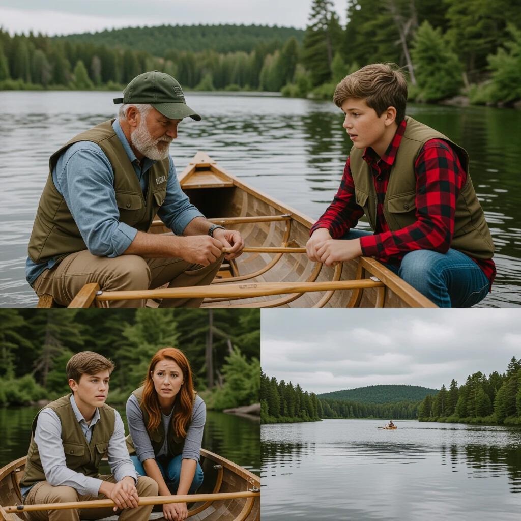 A father and son in a canoe on a lake. The father focuses on the son. The son gazes at the father. A mother sits nearby looking emotional. The scenery features a big river surrounded by trees.