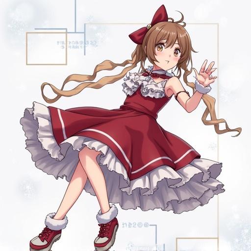 An anime character wearing a red dress with ruffles. The character has a bow in her hair and is posing playfully, with long hair flowing. The background is simple and geometric, capturing a vibrant and fun atmosphere.