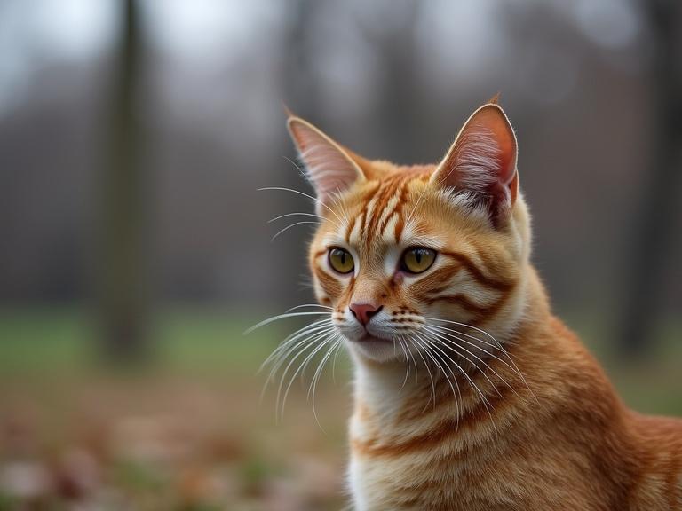 Portrait of a cat in a park. Cat has orange fur with stripes. Background is blurred with greenery.