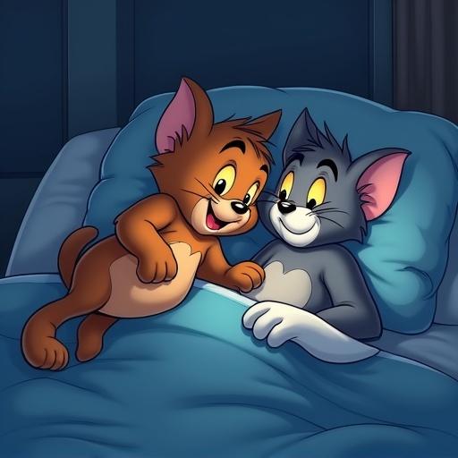 Cartoon characters sleeping in bed together. Tom and Jerry are happy and cozy. The scene is soft and inviting. Focus on their expressions and comfort.