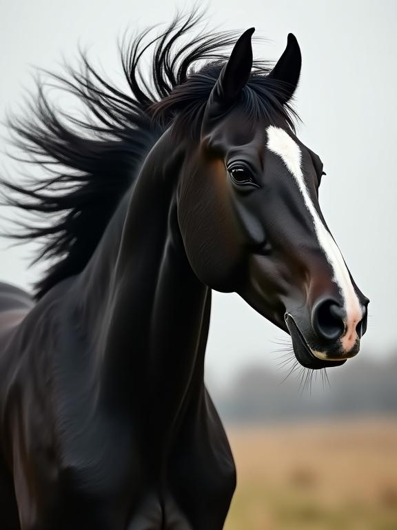 Detailed image of a horse running. Black coat of hair and white stripe on the nose. Horse appears excited. Zoomed in on horse's head and neck. Wind moves the hair. Photorealistic style.