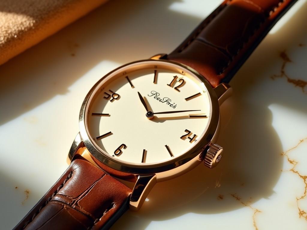 a luxury wristwatch with brown leather strap and cream-colored dial on a marble surface, illuminated by soft natural light, showcasing elegance and sophistication