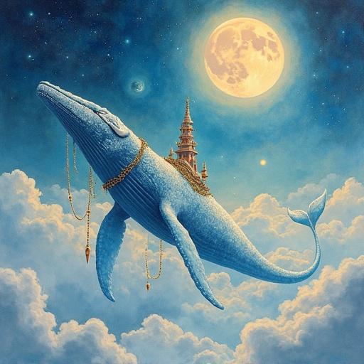 A colossal sky-whale adorned with crystal and golden chains pulls a rocket ship across fluffy clouds. A glowing moon shines above with swirling stars in the background, viewed from a temple on a mountain. Ethereal watercolor style features soft gradients and vibrant textures.