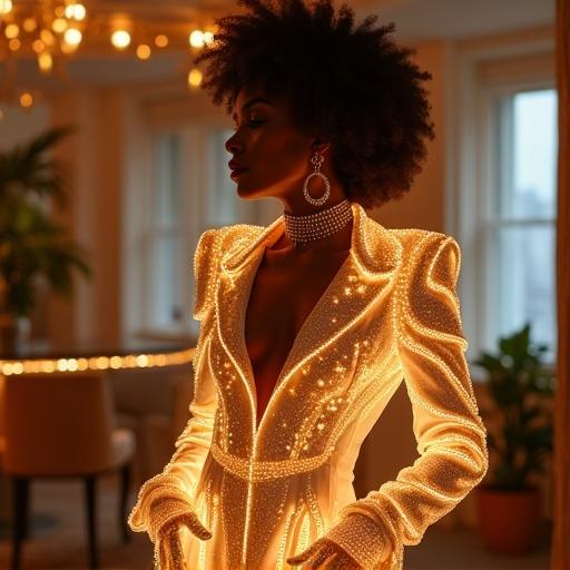A beautiful African American woman wears a luxurious glowing outfit. The scene is set in a chic Manhattan apartment. The outfit has opulent details and futuristic elements. It captures a glamorous fashion moment with a cinematic atmosphere. The essence of haute couture is showcased.