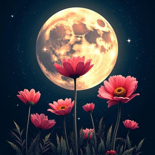 Vector flowers in front of a vector moon against dark sky. Bright colors with stunning contrast visible.