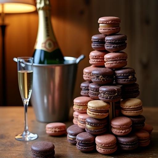 High-resolution 4K image of macarons stacked in a tower. Dark-toned macarons with gold accents. Rustic wood table surface. Silver ice bucket with champagne and flute glasses. Warm light from a lamp highlights details.