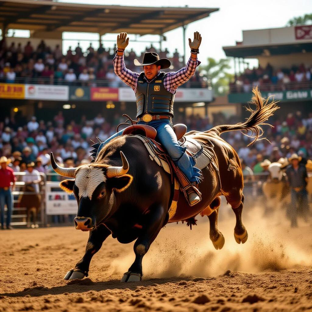 Dramatic action scene of a Brazilian rodeo cowboy riding a powerful bull. The bull is bucking with muscles tensed. The rider grips with one hand in the air. He wears traditional rodeo gear. The audience cheers in the background under warm golden light. Dust is flying around, creating a cinematic atmosphere. Shot with a high-end camera and telephoto lens.