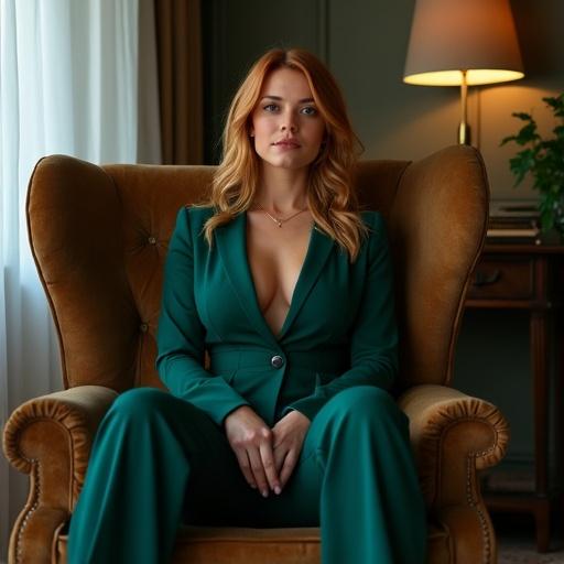 Woman in a green trousers suit sits in an armchair. She has bright hair and green eyes. She is curvy but not fat. The setting is elegant with soft lighting. The woman spreads her legs in a confident pose.